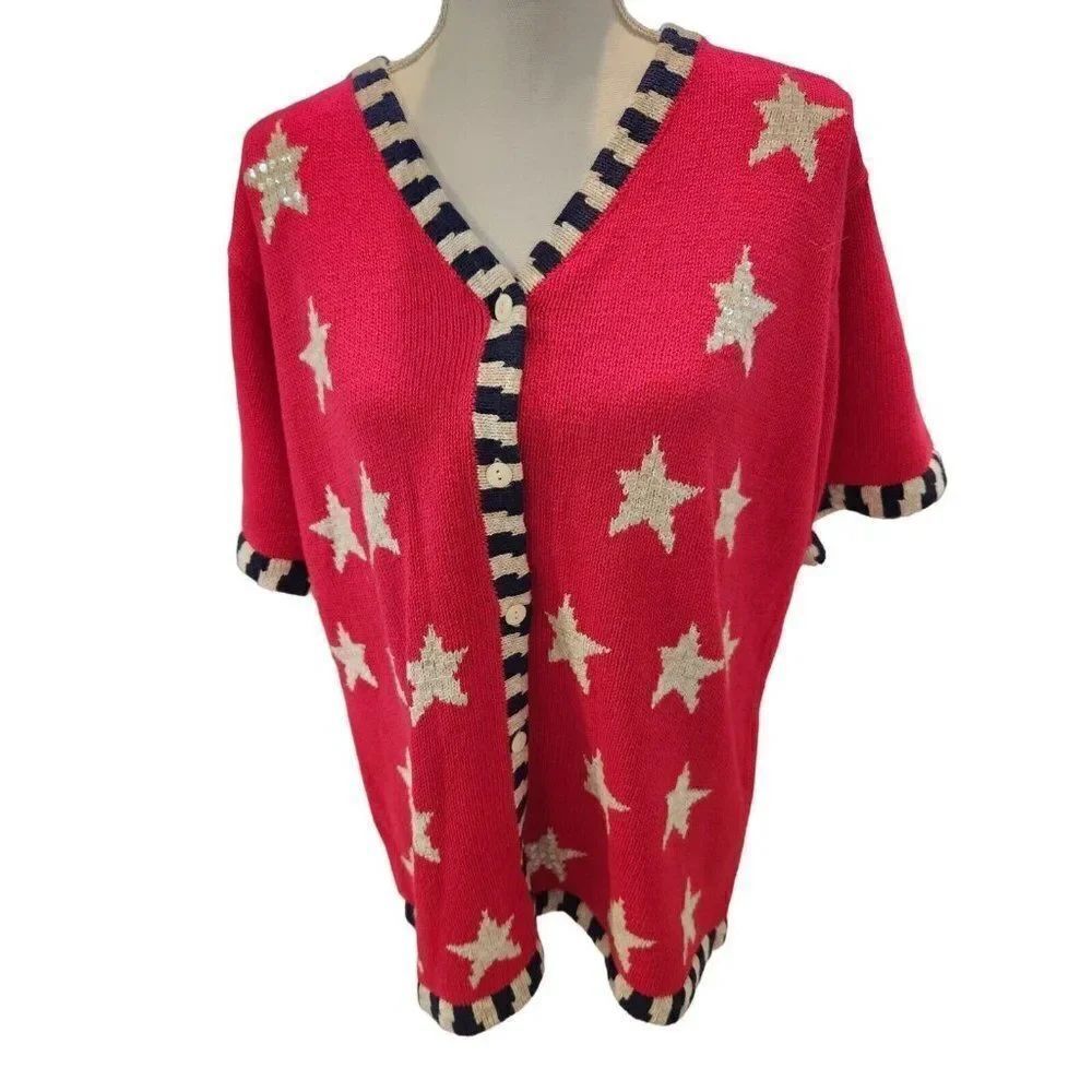Quacker Factory Red White Blue Short Sleeve Cardigan Sweater Stars Stripe Flag L